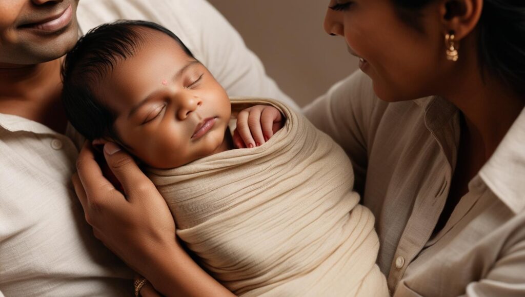 slapende baby in de armen van zijn ouders
